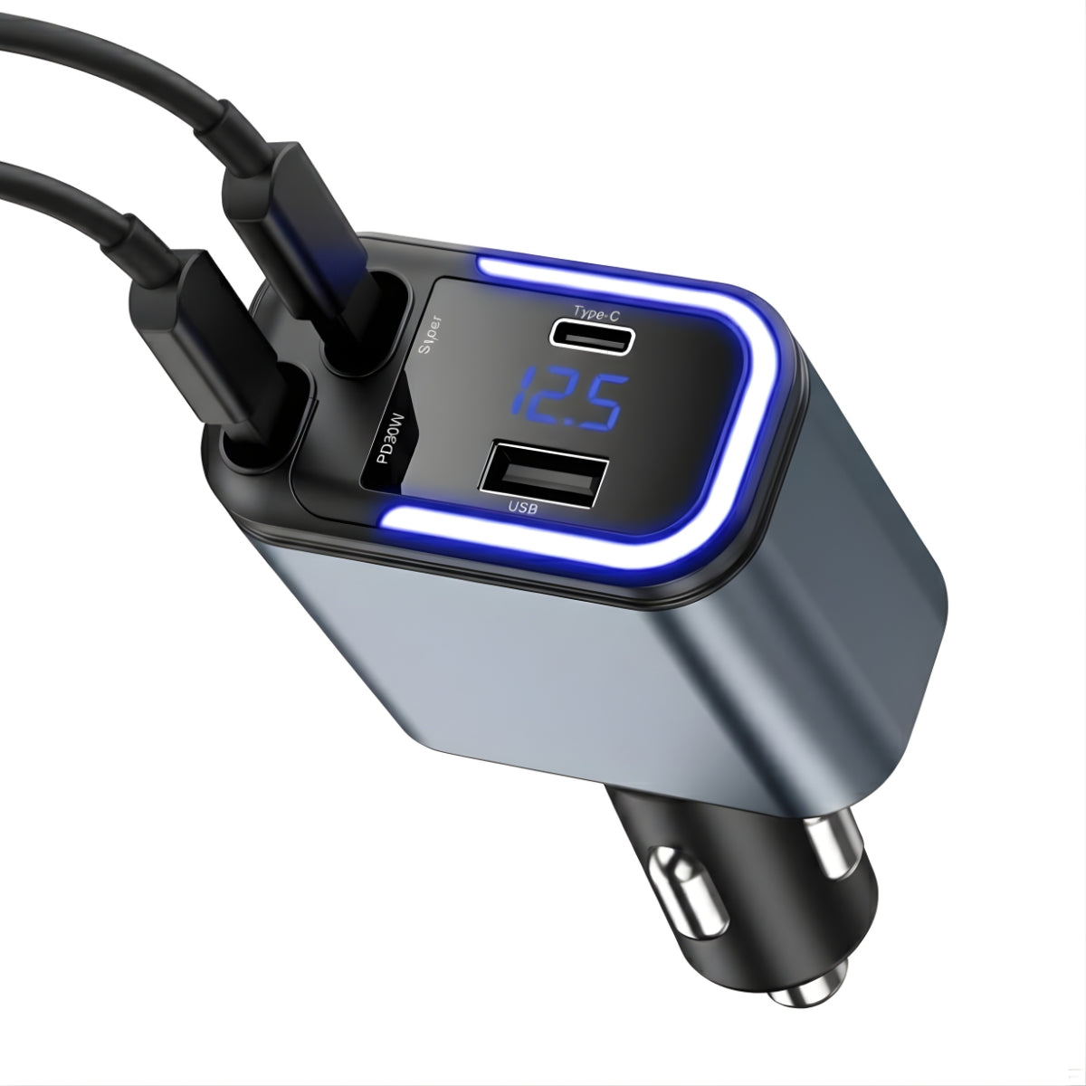 LC-0368 Type-C 180W Car Charger 5-in-1 USB-C Fast Charger with Dual Retractable Cables, PD30W Super Fast Charge, LED Display, 12V-24V for Cars & Trucks, Compatible with iPhone, Samsung Galaxy, Huawei, Xiaomi, Oppo, Vivo, Android Devices