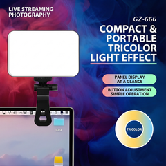 GZ-666 Tri-Color LED Fill Light with Adjustable Brightness, Clip-On Rechargeable Video Light for Phones and Cameras, Ideal for Live Streaming and Content Creation, 3000K–7000K Color Range, 4000mAh Battery