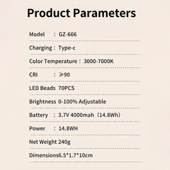 GZ-666 Tri-Color LED Fill Light with Adjustable Brightness, Clip-On Rechargeable Video Light for Phones and Cameras, Ideal for Live Streaming and Content Creation, 3000K–7000K Color Range, 4000mAh Battery