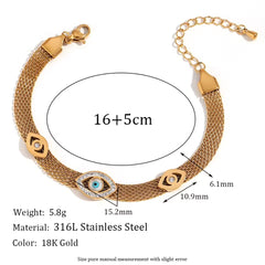 Rhinestone Evil Eye Mesh Chain Bracelet for Women 316L Stainless Steel 18K Plated Adjustable Hand Accessory Waterproof Hypoallergenic Design Unisex Ancient Egyptian Nefertiti Ankh Cross Pendant Necklace