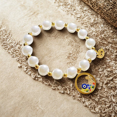 Pearl Beaded Hamsa Evil Eye Charm Bracelet for Women 18K Gold Plated Stainless Steel Anti-Tarnish Hand Accessory with White Crystal Beads Unisex Rhinestone Evil Eye Mesh Chain