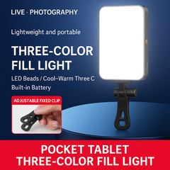 GZ-666 Tri-Color LED Fill Light with Adjustable Brightness, Clip-On Rechargeable Video Light for Phones and Cameras, Ideal for Live Streaming and Content Creation, 3000K–7000K Color Range, 4000mAh Battery