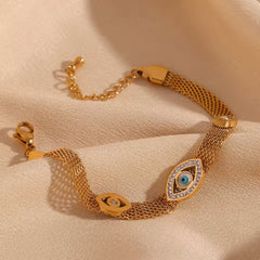 Rhinestone Evil Eye Mesh Chain Bracelet for Women 316L Stainless Steel 18K Plated Adjustable Hand Accessory Waterproof Hypoallergenic Design Unisex Ancient Egyptian Nefertiti Ankh Cross Pendant Necklace
