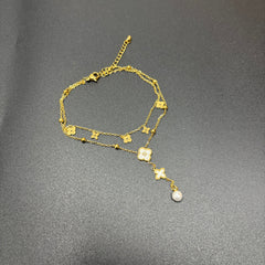 Stainless Steel Anklet for Women Double Layer Adjustable Ankle Bracelet with Pearl Beads Waterproof Elegant Jewelry Gift