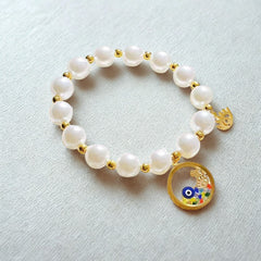 Pearl Beaded Hamsa Evil Eye Charm Bracelet for Women 18K Gold Plated Stainless Steel Anti-Tarnish Hand Accessory with White Crystal Beads Unisex Rhinestone Evil Eye Mesh Chain