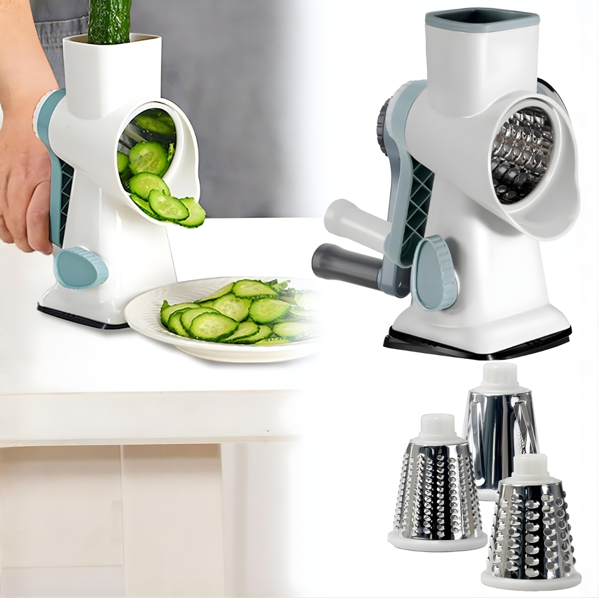 Rotary Cheese Grater and Vegetable Slicer with Hand Crank, Stainless Steel Drum Grater for Vegetables, Cheese and Nuts, Manual Kitchen Grating Tool with Handle.
