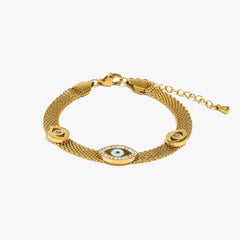 Rhinestone Evil Eye Mesh Chain Bracelet for Women 316L Stainless Steel 18K Plated Adjustable Hand Accessory Waterproof Hypoallergenic Design Unisex Ancient Egyptian Nefertiti Ankh Cross Pendant Necklace