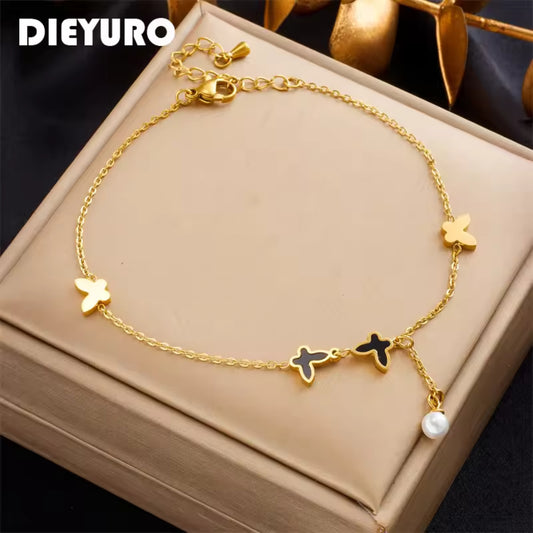 Elegant Butterfly Ankle Bracelet for Women Stainless Steel Adjustable Anklet with Pearl Charm Durable Dainty Design Fashion Jewelry