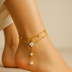 Stainless Steel Anklet for Women Double Layer Adjustable Ankle Bracelet with Pearl Beads Waterproof Elegant Jewelry Gift