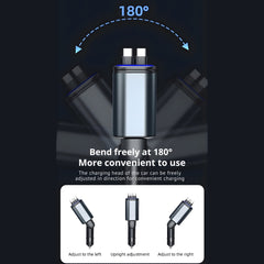 LC-0368 Type-C 180W Car Charger 5-in-1 USB-C Fast Charger with Dual Retractable Cables, PD30W Super Fast Charge, LED Display, 12V-24V for Cars & Trucks, Compatible with iPhone, Samsung Galaxy, Huawei, Xiaomi, Oppo, Vivo, Android Devices
