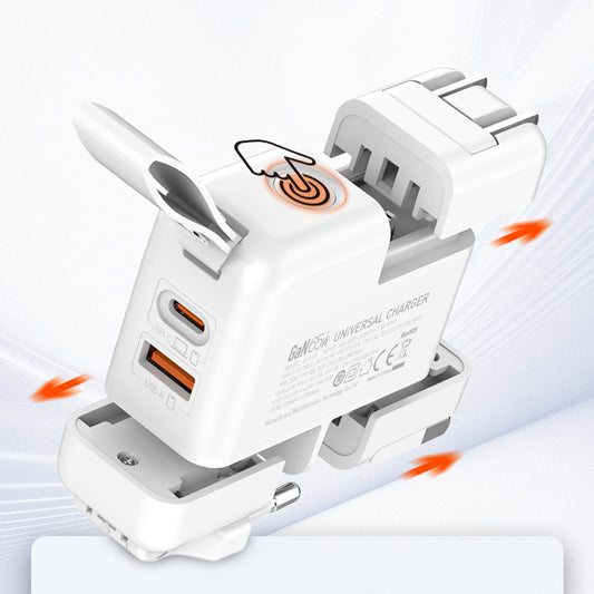 LDNIO Q2618 65W GaN Fast Charger Universal Travel Adapter with Multi-Plug Support US UK EU AU Dual USB-C PD & USB-A QC for Laptops Tablets & Smartphones