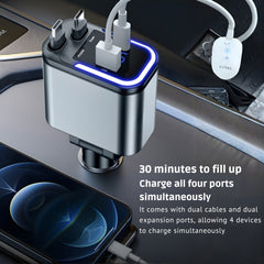 LC-0368 Type-C 180W Car Charger 5-in-1 USB-C Fast Charger with Dual Retractable Cables, PD30W Super Fast Charge, LED Display, 12V-24V for Cars & Trucks, Compatible with iPhone, Samsung Galaxy, Huawei, Xiaomi, Oppo, Vivo, Android Devices