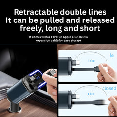 LC-0368 Type-C 180W Car Charger 5-in-1 USB-C Fast Charger with Dual Retractable Cables, PD30W Super Fast Charge, LED Display, 12V-24V for Cars & Trucks, Compatible with iPhone, Samsung Galaxy, Huawei, Xiaomi, Oppo, Vivo, Android Devices