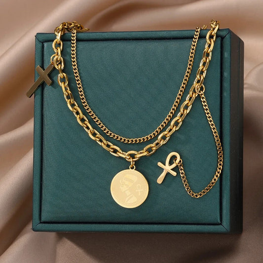 Ancient Egyptian Nefertiti Ankh Cross Pendant Necklace for Women Layered Stainless Steel Chain Retro Punk Style Jewelry Gift Unisex Waterproof Non-Tarnish Minimalist Design