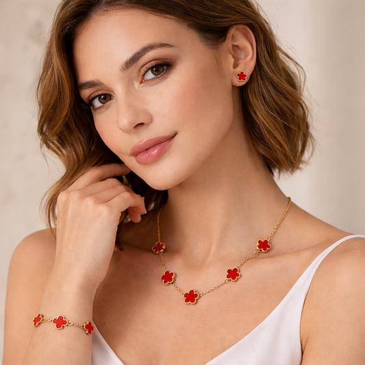 Stainless Steel Five Leaf Clover Red Necklace Bracelet Earrings Set for Women Durable Waterproof Non Tarnish Fashion Jewelry Perfect Birthday or Anniversary Gift Chain Bracelet Set