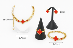 Four-Leaf Red Clover Pearl Chain Jewelry Set for Women – 18K Gold-Plated Stainless Steel Necklace, Bracelet, Earrings & Ring, Adjustable Anti-Tarnish Gift Set