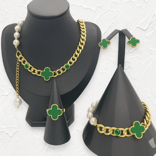 Four-Leaf Green Clover Pearl Chain Jewelry Set for Women – 18K Gold-Plated Stainless Steel Necklace, Bracelet, Earrings & Ring, Adjustable Anti-Tarnish Gift Set