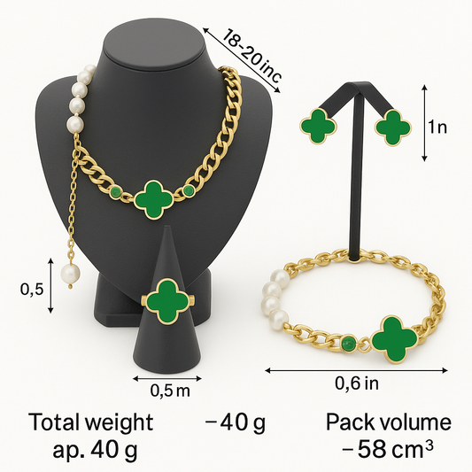 Four-Leaf Green Clover Pearl Chain Jewelry Set for Women – 18K Gold-Plated Stainless Steel Necklace, Bracelet, Earrings & Ring, Adjustable Anti-Tarnish Gift Set