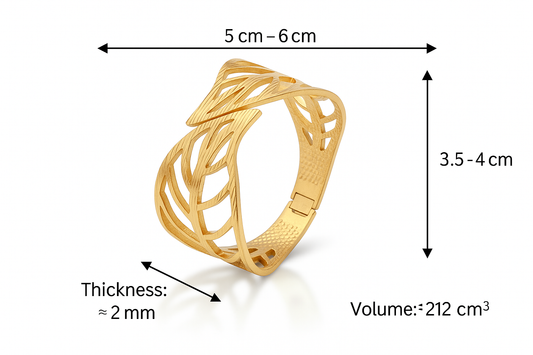 Luxury Leaf Pattern 18K Gold Plated Stainless Steel Chunky Bangle for Women Trendy Open Cuff Bracelet Waterproof Anti-Tarnish Fashion Accessory Gift