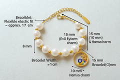 Pearl Beaded Hamsa Evil Eye Charm Bracelet for Women 18K Gold Plated Stainless Steel Anti-Tarnish Hand Accessory with White Crystal Beads Unisex Rhinestone Evil Eye Mesh Chain