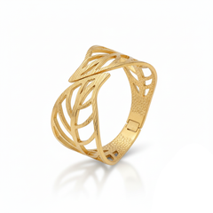 Luxury Leaf Pattern 18K Gold Plated Stainless Steel Chunky Bangle for Women Trendy Open Cuff Bracelet Waterproof Anti-Tarnish Fashion Accessory Gift