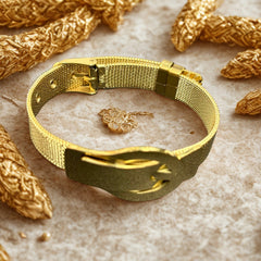 Women’s Premium Gold Buckle Chain Bracelet, Adjustable Stainless Steel Mesh Band with Crystal Accent, Anti-Tarnish Designer Luxury Bracelet for Daily Wear and Fashion Outfits