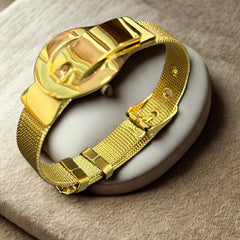 Women’s Premium Gold Buckle Chain Bracelet, Adjustable Stainless Steel Mesh Band with Crystal Accent, Anti-Tarnish Designer Luxury Bracelet for Daily Wear and Fashion Outfits