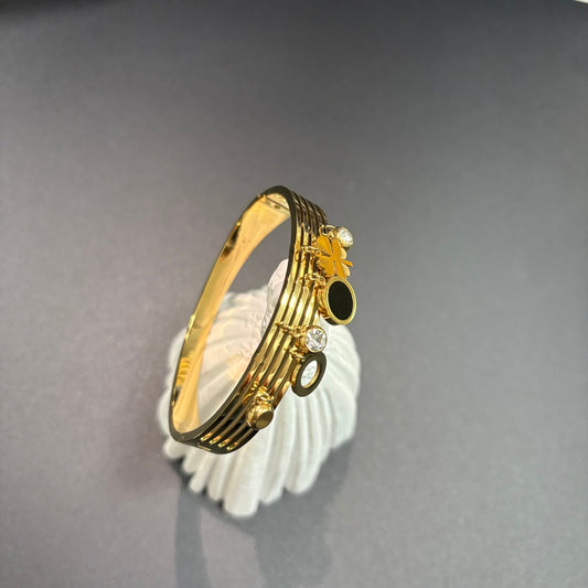 Lucky Charm Stainless Steel Bangle Bracelet for Women 18K Gold Plated with Zircon Pendants Adjustable Anti-Tarnish Jewelry Gift Elegant White Multicolor Flower Charm