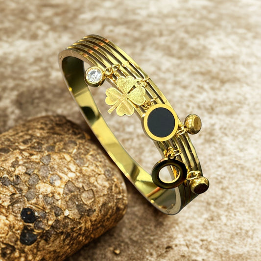 Lucky Charm Stainless Steel Bangle Bracelet for Women 18K Gold Plated with Zircon Pendants Adjustable Anti-Tarnish Jewelry Gift Elegant White Multicolor Flower Charm