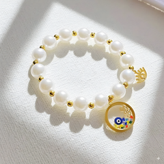 Pearl Beaded Hamsa Evil Eye Charm Bracelet for Women 18K Gold Plated Stainless Steel Anti-Tarnish Hand Accessory with White Crystal Beads Unisex Rhinestone Evil Eye Mesh Chain