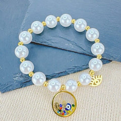 Pearl Beaded Hamsa Evil Eye Charm Bracelet for Women 18K Gold Plated Stainless Steel Anti-Tarnish Hand Accessory with White Crystal Beads Unisex Rhinestone Evil Eye Mesh Chain