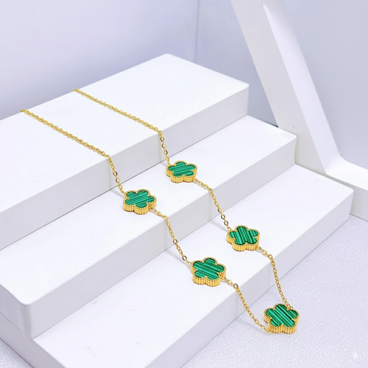Stainless Steel Five Leaf Clover Green Necklace Bracelet Earrings Set for Women Durable Waterproof Non Tarnish Fashion Jewelry Perfect Birthday or Anniversary Gift Chain Bracelet Set