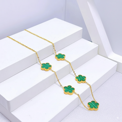 Stainless Steel Five Leaf Clover Green Necklace Bracelet Earrings Set for Women Durable Waterproof Non Tarnish Fashion Jewelry Perfect Birthday or Anniversary Gift Chain Bracelet Set