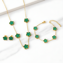 Stainless Steel Five Leaf Clover Green Necklace Bracelet Earrings Set for Women Durable Waterproof Non Tarnish Fashion Jewelry Perfect Birthday or Anniversary Gift Chain Bracelet Set