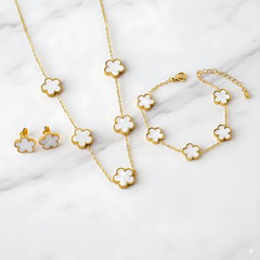 Stainless Steel Five Leaf Clover White Necklace Bracelet Earrings Set for Women Durable Waterproof Non Tarnish Fashion Jewelry Perfect Birthday or Anniversary Gift Chain Bracelet Set