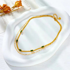 Dual-Layer Stainless Steel Necklace for Women with Green Rectangle Crystal Adjustable Chain Design Modern Minimalist Waterproof Jewelry Gift