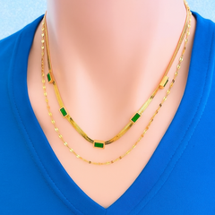 Dual-Layer Stainless Steel Necklace for Women with Green Rectangle Crystal Adjustable Chain Design Modern Minimalist Waterproof Jewelry Gift