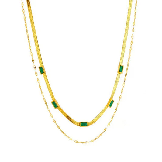 Dual-Layer Stainless Steel Necklace for Women with Green Rectangle Crystal Adjustable Chain Design Modern Minimalist Waterproof Jewelry Gift