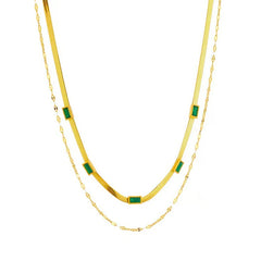 Dual-Layer Stainless Steel Necklace for Women with Green Rectangle Crystal Adjustable Chain Design Modern Minimalist Waterproof Jewelry Gift