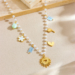 Stainless Steel Golden Flower Heart Pendant Pearl Bead Chain Necklace For Women Novel Trend Neck Jewelry Party Gift Durable Waterproof Non Tarnish
