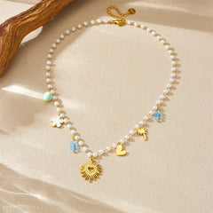 Stainless Steel Golden Flower Heart Pendant Pearl Bead Chain Necklace For Women Novel Trend Neck Jewelry Party Gift Durable Waterproof Non Tarnish