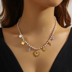 Stainless Steel Golden Flower Heart Pendant Pearl Bead Chain Necklace For Women Novel Trend Neck Jewelry Party Gift Durable Waterproof Non Tarnish