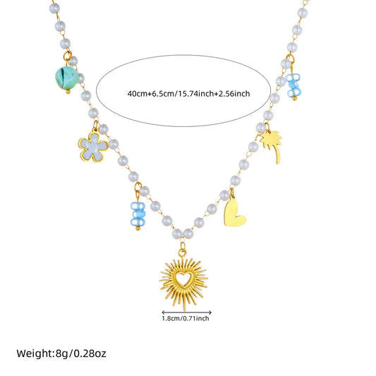 Stainless Steel Golden Flower Heart Pendant Pearl Bead Chain Necklace For Women Novel Trend Neck Jewelry Party Gift Durable Waterproof Non Tarnish
