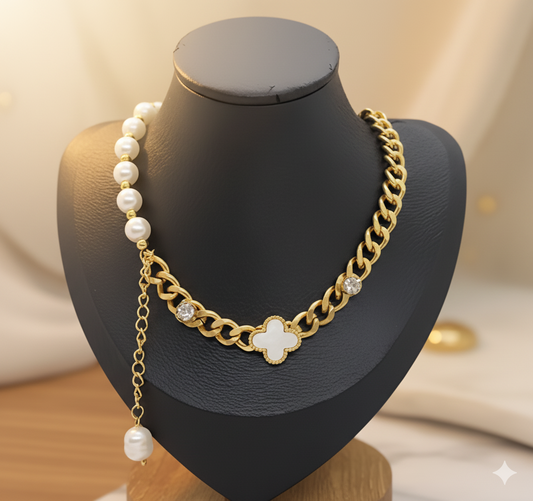 Four-Leaf White Clover Pearl Chain Jewelry Set for Women – 18K Gold-Plated Stainless Steel Necklace, Bracelet, Earrings & Ring, Adjustable Anti-Tarnish Gift Set