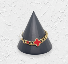 Four-Leaf Red Clover Pearl Chain Jewelry Set for Women – 18K Gold-Plated Stainless Steel Necklace, Bracelet, Earrings & Ring, Adjustable Anti-Tarnish Gift Set