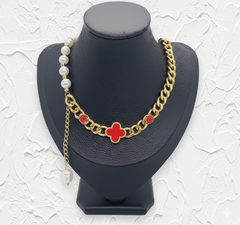 Four-Leaf Red Clover Pearl Chain Jewelry Set for Women – 18K Gold-Plated Stainless Steel Necklace, Bracelet, Earrings & Ring, Adjustable Anti-Tarnish Gift Set