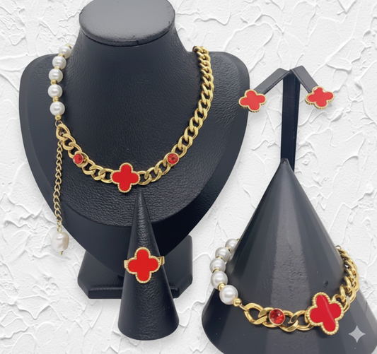 Four-Leaf Red Clover Pearl Chain Jewelry Set for Women – 18K Gold-Plated Stainless Steel Necklace, Bracelet, Earrings & Ring, Adjustable Anti-Tarnish Gift Set