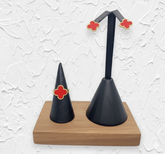 Four-Leaf Red Clover Pearl Chain Jewelry Set for Women – 18K Gold-Plated Stainless Steel Necklace, Bracelet, Earrings & Ring, Adjustable Anti-Tarnish Gift Set