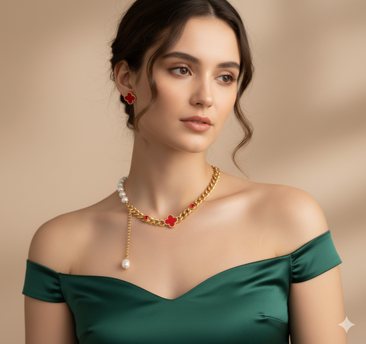 Four-Leaf Red Clover Pearl Chain Jewelry Set for Women – 18K Gold-Plated Stainless Steel Necklace, Bracelet, Earrings & Ring, Adjustable Anti-Tarnish Gift Set