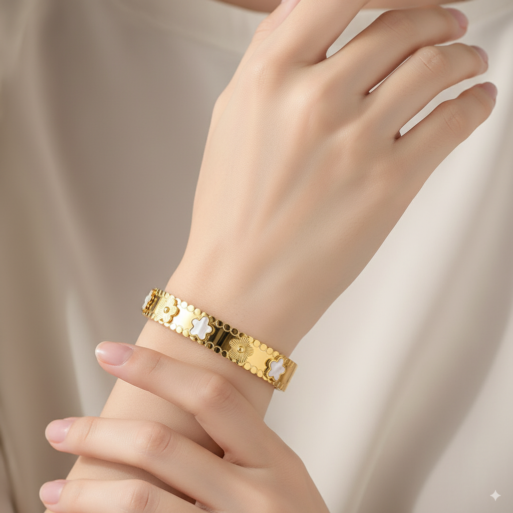 White Multicolor Flower Charm 316L Stainless Steel Bangle for Women PVD Gold Plated Anti-Tarnish Cuff Bracelet Adjustable Everyday Wear 18K Gold Plated Hypoallergenic